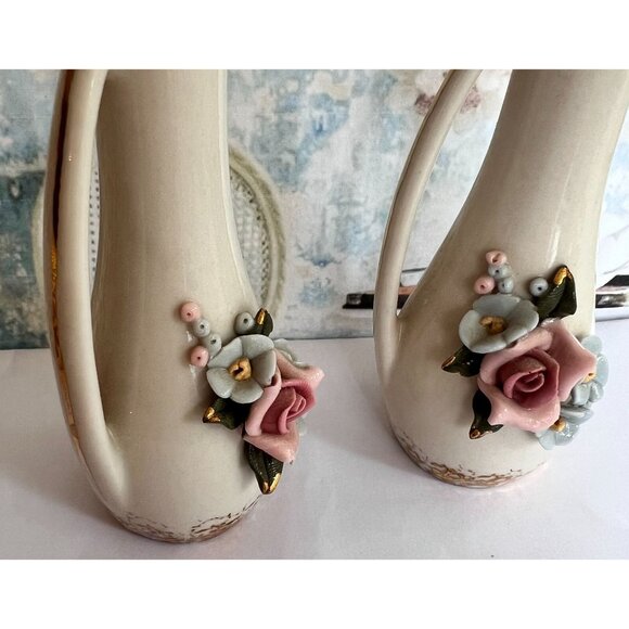 Vintage Ceramic Pitchers Capodimonte Style Floral Relief Gold Accents Set Of 2 - Picture 5 of 7